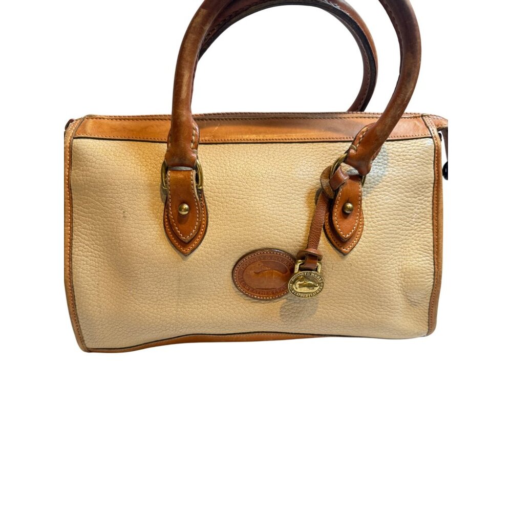 Vintage Dooney & Bourke Two Tone Taupe Saddle Pebbled Leather Satchel Bag - Picture 2 of 14